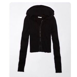 American Eagle Outfitters Cropped Black Ribbed Hoodie